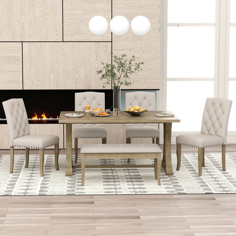 6-Piece Farmhouse Dining Table Set, Rectangular Trestle Table And 4 Upholstered Chairs & Bench For Dining Room