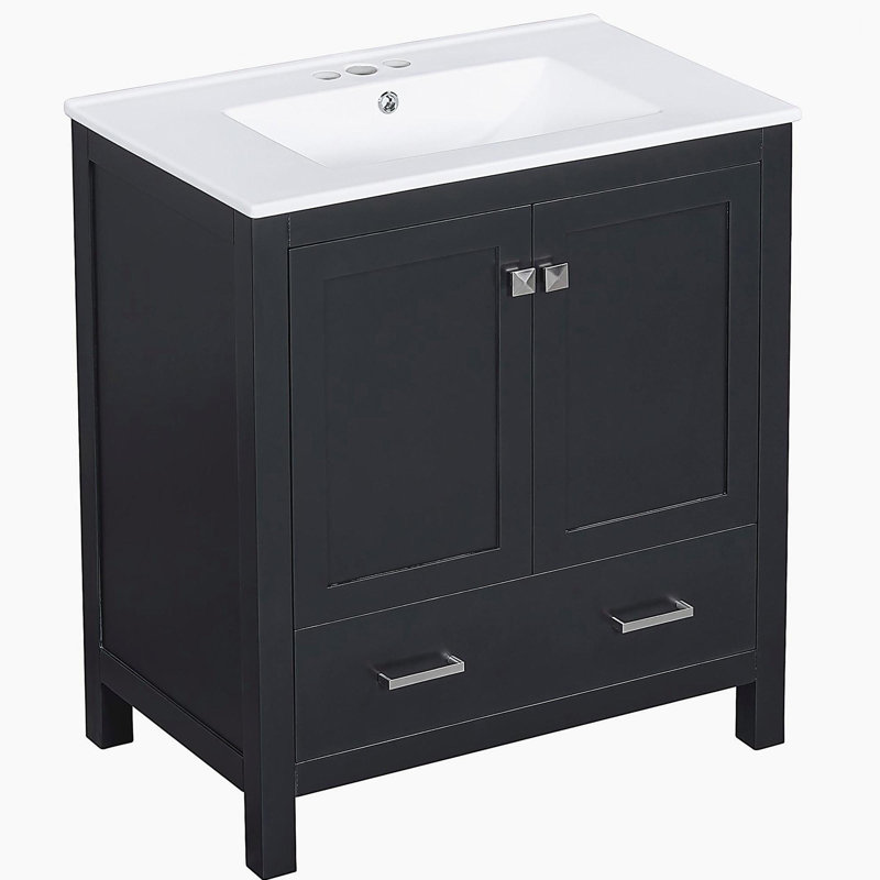 30-inch Black Bathroom Vanity with Single Sink, Combination Cabinet with Sink Installed Below, with 2 Doors and a Drawer