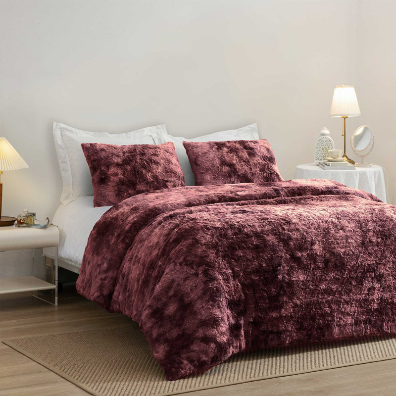 Wonderful Faux Fur Comforter Set 3 Piece Tie Dye, Mauve, King Comforter + 2 King Shams