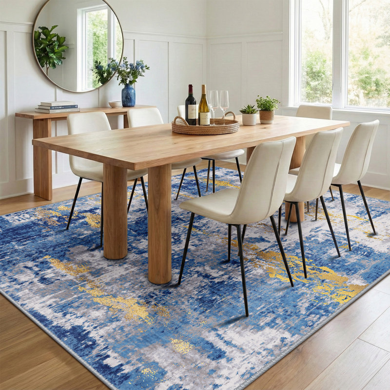 Modern Abstract Printed Area Rug Non-Slip Machine Washable Low Pile for Living Room Bedroom, Rectangle 8' x 10', Blue/Gold