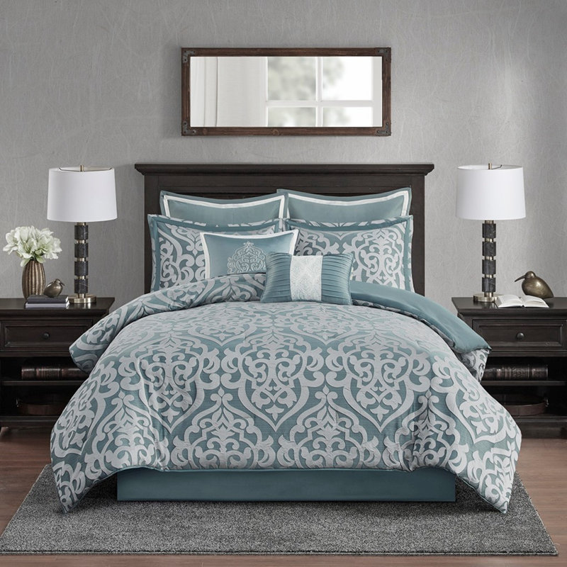 Ensemble d'édredon luxueux en médaillon damassé turquoise / argent