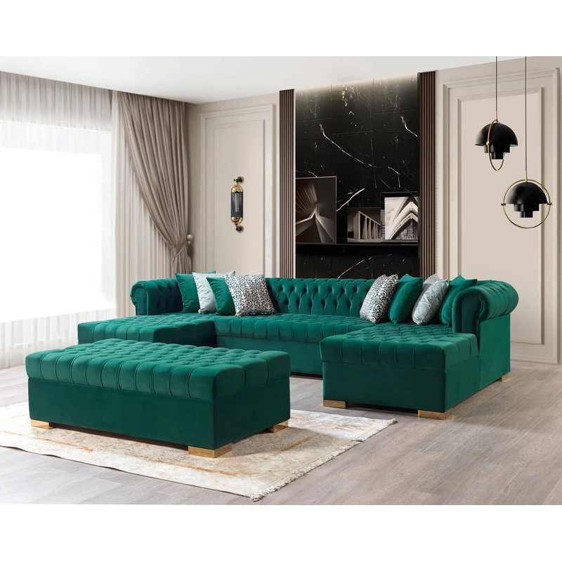 Canapé modulaire et repose-pieds Jelinek, Velours vert