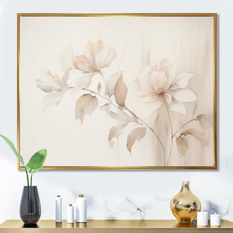 «White Botanical Elegance II - Abstract Botanicals, art mural sur toile, Cadre flottant doré, H 34 po x l 44 po x P 1,5 po