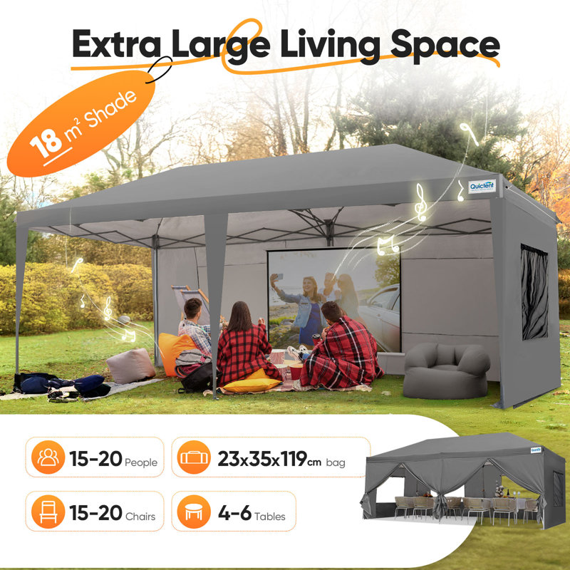 Quictent 3x6m (10x20ft) Pop Up Canopy Gazebo with Mesh Window Sidewalls, Adjustable Height Event Shelter, Portable Tent for Garden Party, Camping, Grey