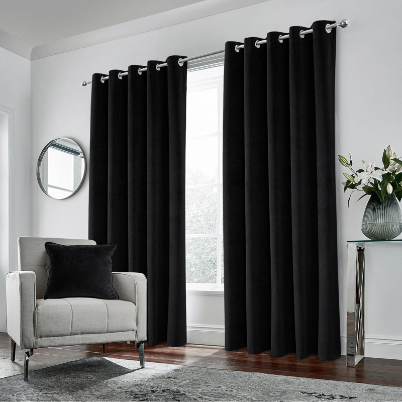Pittsboro Crushed Velvet Eyelet Windows Panel Curtains, Black, 168cm Width x 228cm Drop