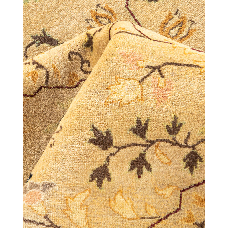 Tapis beige en laine noué à la main de conception unique 9 pi 3 po x 12 pi 1 po Bernel Mogul
