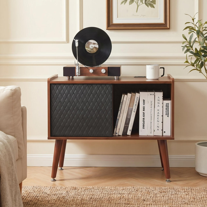 Support pour tourne-disque avec rangement, meuble pour tourne-disque avec porte coulissante, meuble de rangement pour disque vinyle avec station de charge, table de tourne-disque moderne de style Mid-Century pour le bureau à domicile