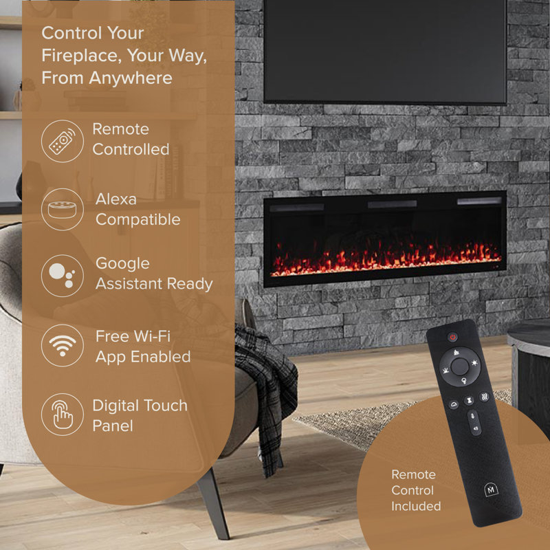 Vibrance 60" Recessed or Wall Mounted Electric Fireplace Heater, Multi-Flame Colors, Voice Assistant Compatible - Crystals Only