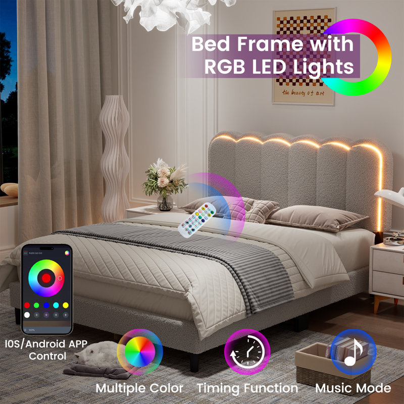 QUEEN-Boucle Upholstered Solid Wood Bed Frame Soft Rounded Corners Headboard Low Profile Bed Frame with RGB LED Lights（No Mattress Included）