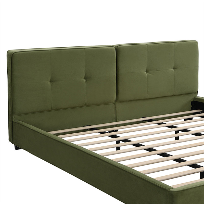 Structure de lit en velours, lit plateforme tapissier avec tête de lit capitonnée incurvée, coins carrés doux, vert olive