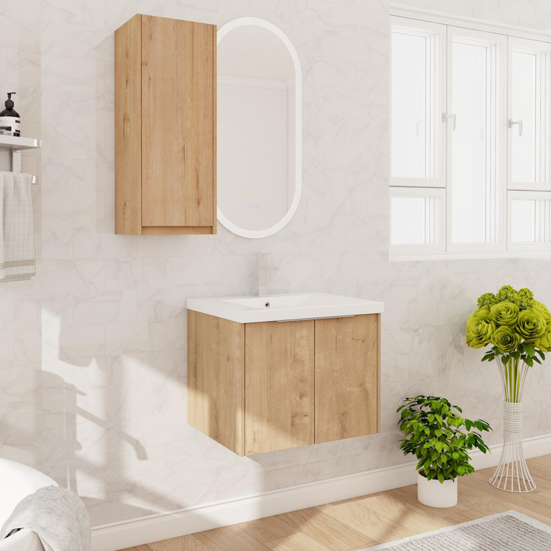 Meuble-lavabo mural simple 24 po avec plateau en résine, meuble-lavabo flottant avec 2 portes et armoire latérale 24 po