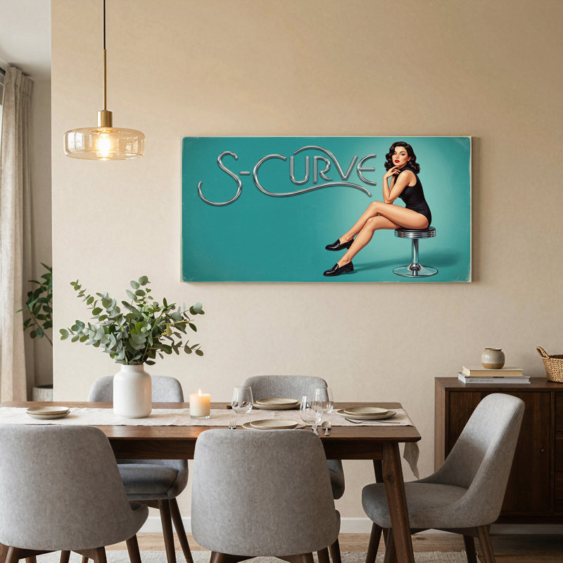 Femme pin-up en robe noire assise sur un tabouret chromé - Tableau sur toile, 40“W x 20”H