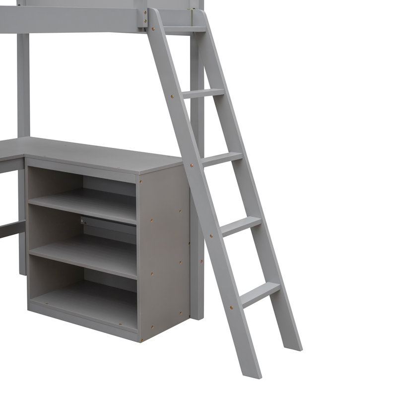 Lit mezzanine simple avec bureau et tablettes - gris, optimisation de l'espace pour les petits espaces, structure en bois, rangement idéal pour travailler et dormir, espace de travail gris