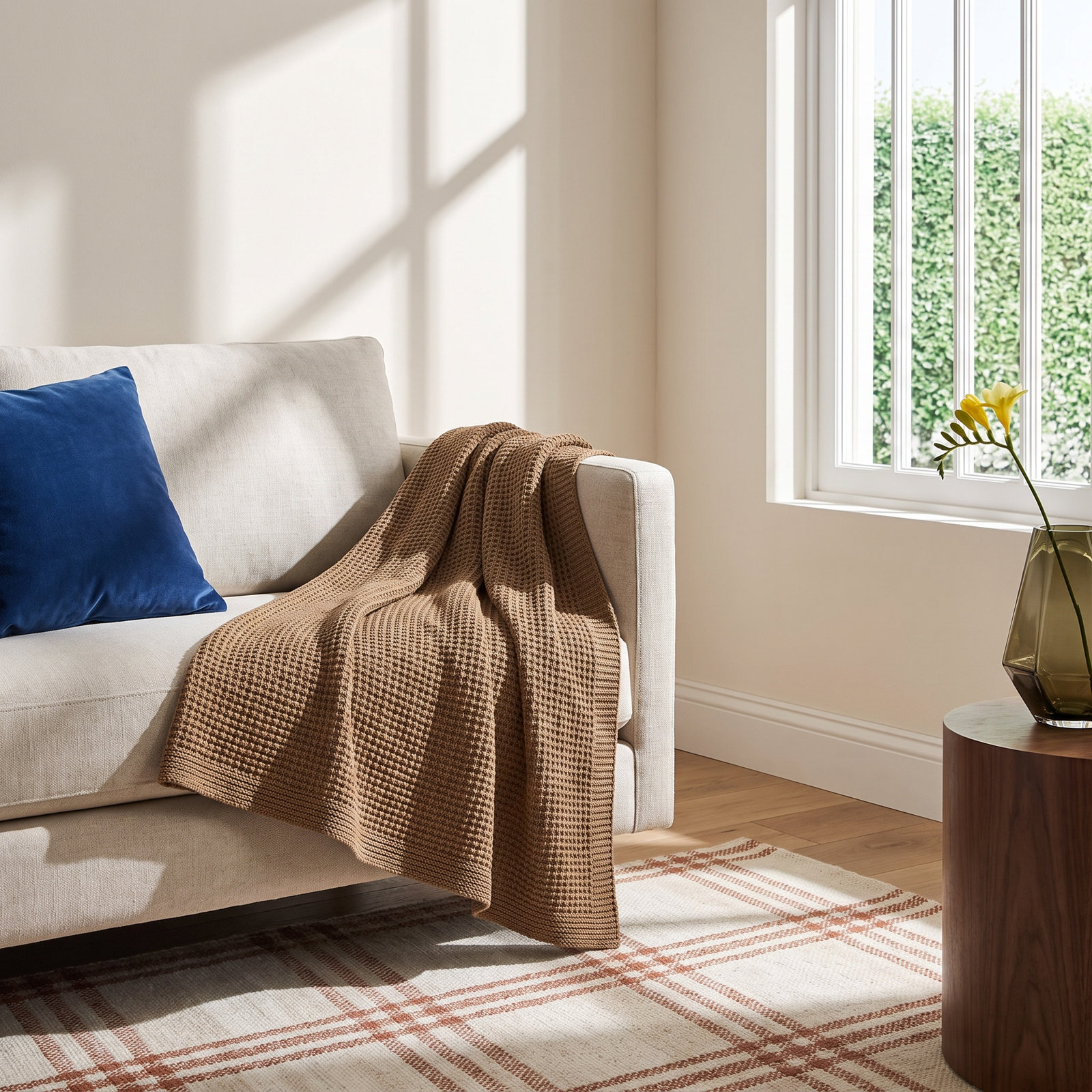 Avalon Cotton Knitted Throw Blanket, Almond