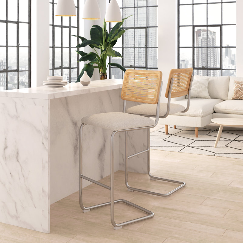 Walsh Boucle Bar & Counter Stool, Bar Stool (30” Seat Height), White Boucle/ Chrome Frame