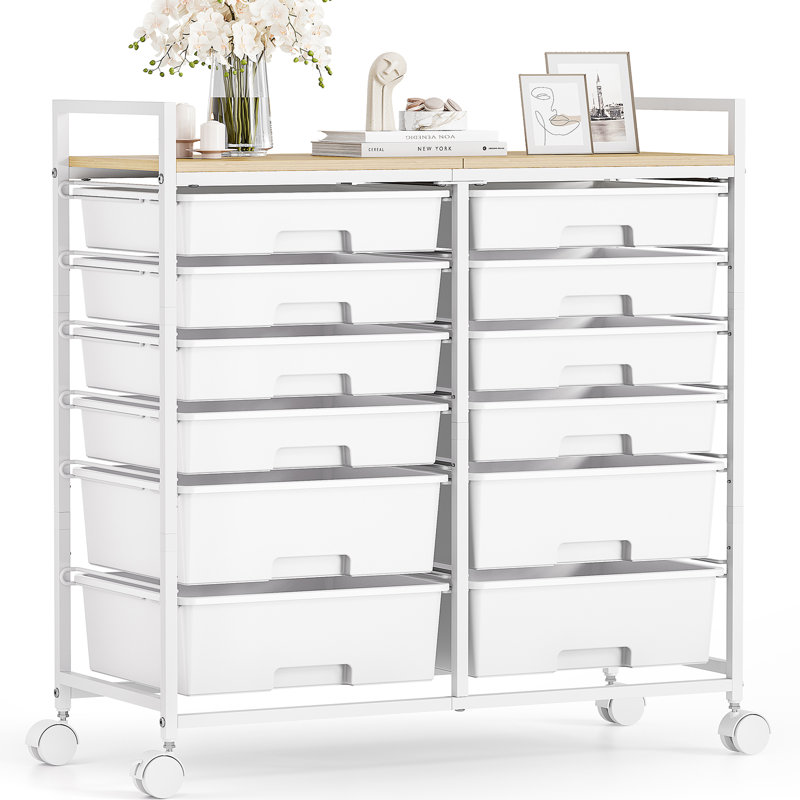 12-Drawer Rolling Utility Cart with Wooden Top, Mobile Craft Storage & Art Supply Organizer, Rolling Cart for Home Office, Classroom Storage with Wheels