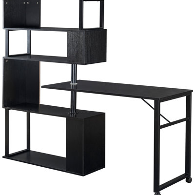 Home Office L-shaped Computer Desk With 5 Bookcase, & Metal, Black, Rotating Function, Lockable , Space Saving Configuration Modern Bookshelf, And Rotating, Wheels, Fashion