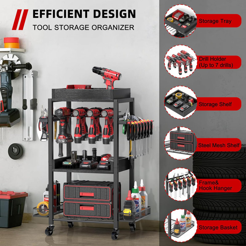 Chariot de rangement roulant pour outils électriques - Organisateur de garage durable avec tablettes, paniers et porte-perceuse