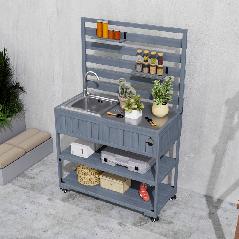 Chariot de cuisine en bois avec évier, ouvre-bouteille et tablettes mobiles
