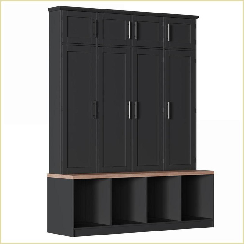 Farmhouse Hall Tree with Walnut Bench, 4 Hooks &amp; 8 Storage Cabinets | Black | MDF, Black