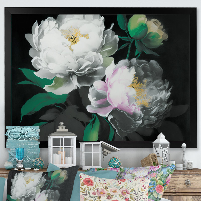 «Blooming White Peony II», reproduction sur toile, L 32 po x H 24 po, Toile avec cadre photo noir