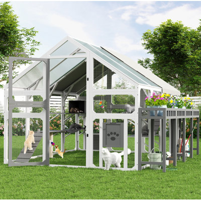 Grande maison pour chat d'extérieur avec support à fleurs, enclos à chat en bois avec boîtes de repos pour plusieurs chatons, pont suspendu, plateformes, cage Catio avec housse imperméable, blanc