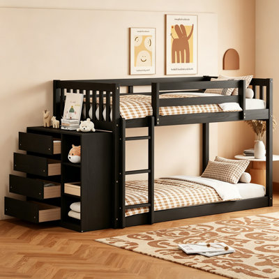 Lit superposé simple au-dessus de simple avec 4 tiroirs et 3 tablettes, peu encombrant et fonctionnel pour les chambres modernes