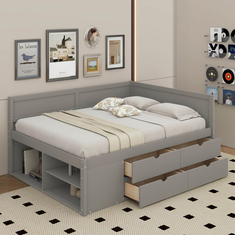 Daybed With Drawers And Shelves, Gray, Full