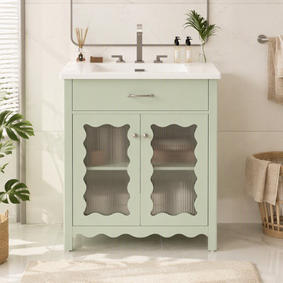 Meuble-lavabo moderne 30 po avec verre trempé, armoire de salle de bain moderne avec pieds en bois d'hévéa et portes à fermeture douce, vert