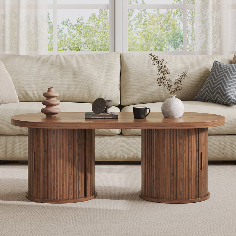 47'' W Oval Coffee Table With Storage, Mid-Century Modern Fluted Centre Table With Round Base, Walnut