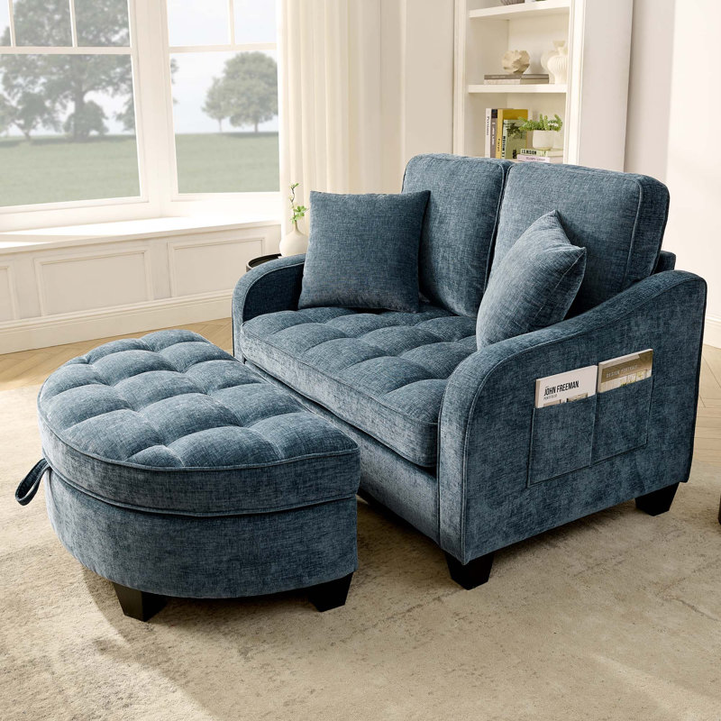 Canapé deux places, méridienne double, avec accoudoirs et dossiers irréguliers, repose-pieds avec espace de rangement, deux petits coussins décoratifs