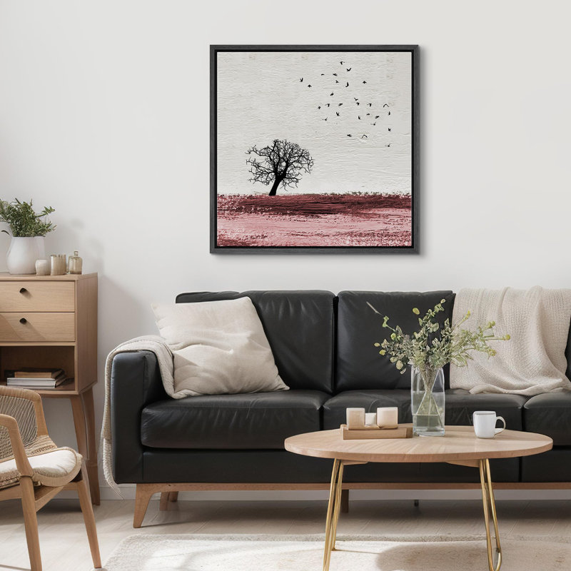 Birds Fly Over Pink Field with Tree, reproduction d'art sur toile, Noir, H 24 po x l 24 po