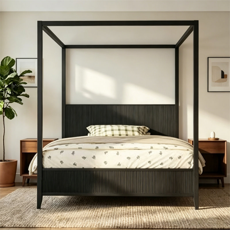 Lit plateforme à baldaquin en bois avec lattes de support, Black