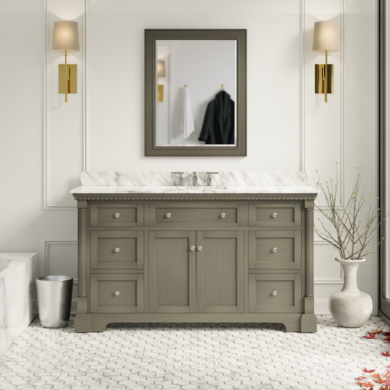 Ensemble de meuble-lavabo simple 60 po Fossen, Gris patiné, Marbre de Carrare
