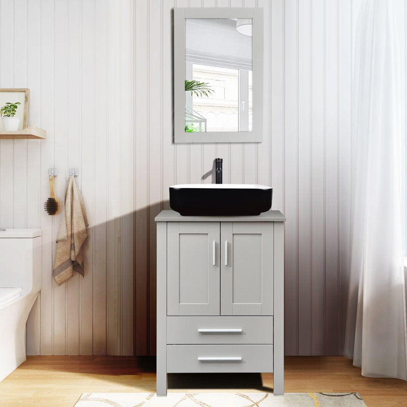 Ensemble de meuble-lavabo simple 24 "avec miroir, Gris, Noir / blanc