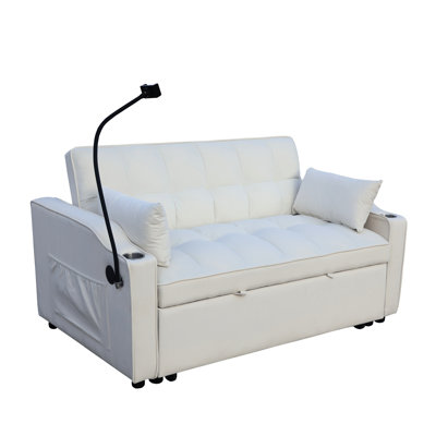 Modern Beige Velvet Love Seat, 3 In 1 Convertible Sleeper, Adjustable Reclining , Toss Pillows, Pockets, Easy To Clean And Maintain, Comes With 2 Soft Charging Phone Stand, Full Bed Size For Office