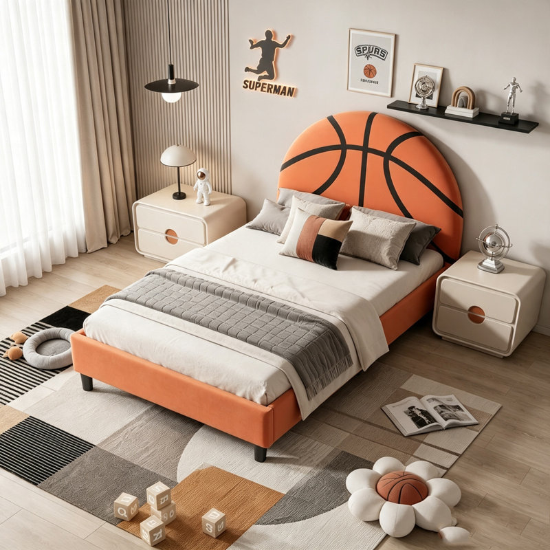 Lit plateforme tapissier simple pour enfants, Sans garde-corps, Orange
