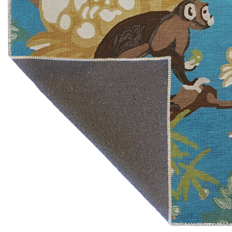 Tapis décoratif moderne à motif de fleurs et de singes de ton bleu, Rectangle 3 pi 10 po x 4 pi 11 po
