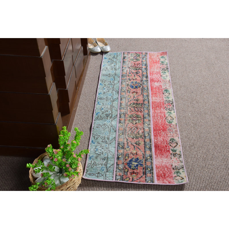 Tapis de porte turc rétro tissé à la main avec motif floral rustique dans des tons rouges et bleus