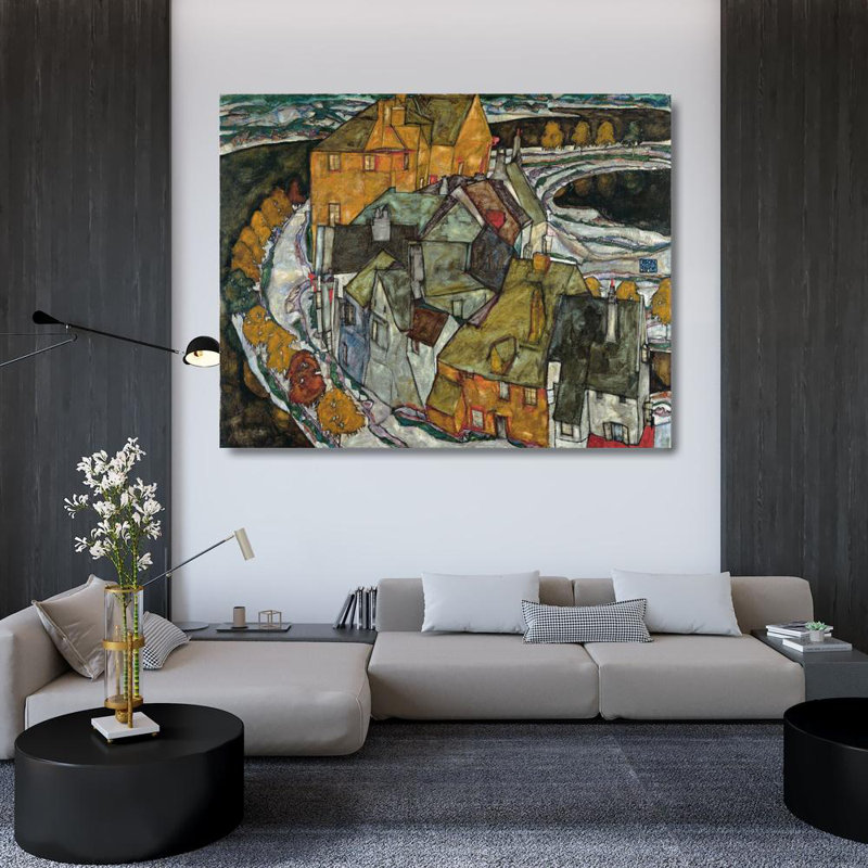 "Croissant des maisons II" par Egon Schiele - Art mural sur toile tendue avec châssis, H 48 po x l 33 po