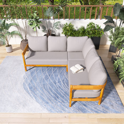 Ensemble de canapé d'angle extérieur en bois massif en acacia avec 6 coussins de siège moelleux et un sac à dos, un mobilier de conversation pour patio toutes saisons pour la cour et le jardin
