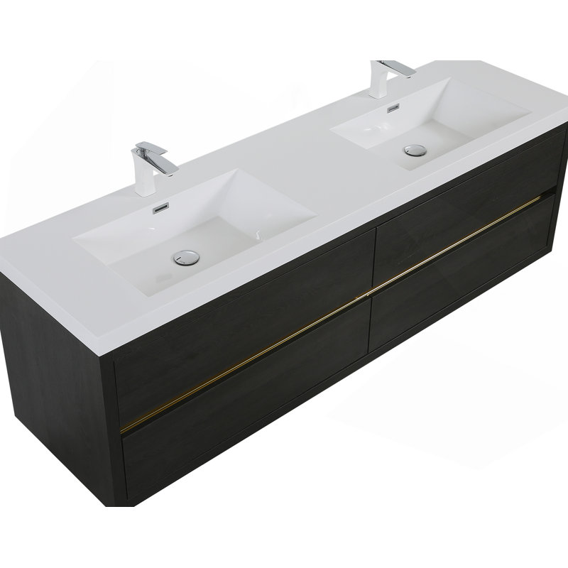 Meuble-lavabo mural avec lavabo, armoire de rangement flottante avec comptoir et tiroirs à fermeture douce, idéal pour l'organisation de la salle de bain