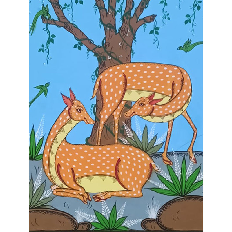 Paire de cerfs sous l'arbre | Peinture de Pattachitra | Couleur naturelle sur toile faite à la main