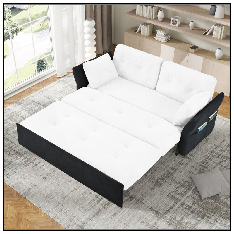 Convertible Pull Out Sofa Bed Queen Size, 3-In-1 Multi-Functional Chenille Loveseat With Thick Cushions And Side Storage