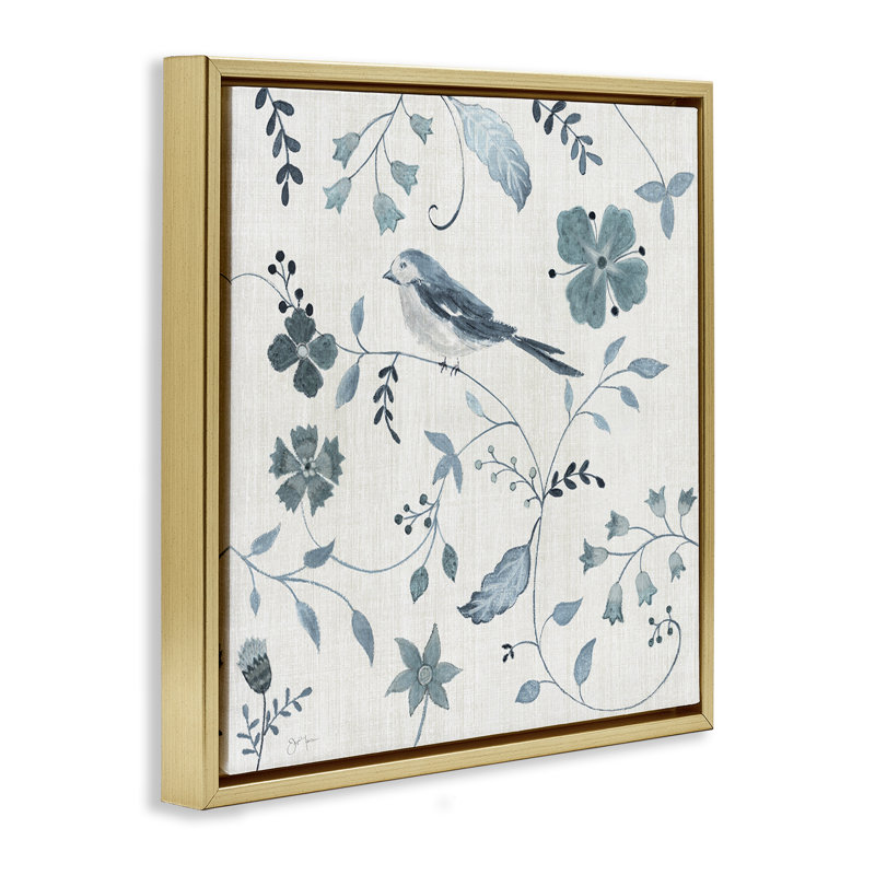Oiseau avec motifs botaniques, H 18 po x l 18 po, Cadre flottant métallique doré