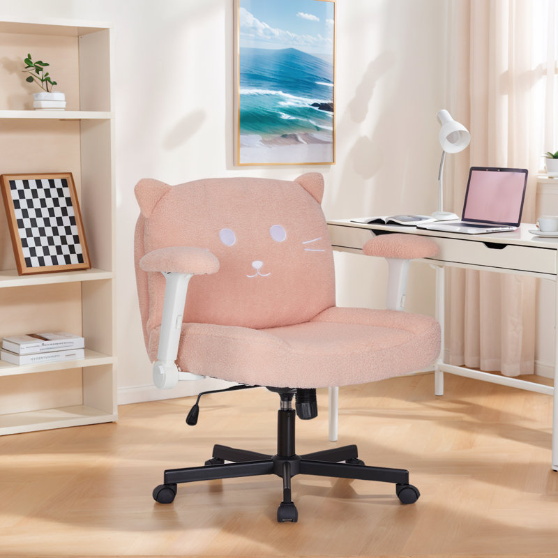Teddy Fabric Criss Cross Office Chair with Wheels, Wide Seat Cute Cat Desk Chair with Adjustable Flip-Up Armrests, Swivel Vanity Chair, 300 lbs