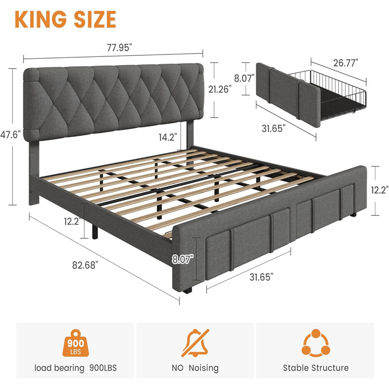 Upholstered Storage Bed Frame with Drawers, Platform Bed with Solid Wood Slats, No Box Spring Needed, Gray, King