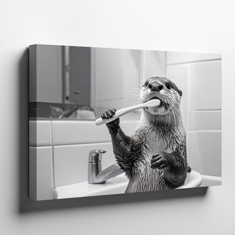 Une scène ludique mettant en vedette une loutre debout sur ses pattes arrière dans une salle de bain tenant une toile de qualité supérieure prête à être accrochée
