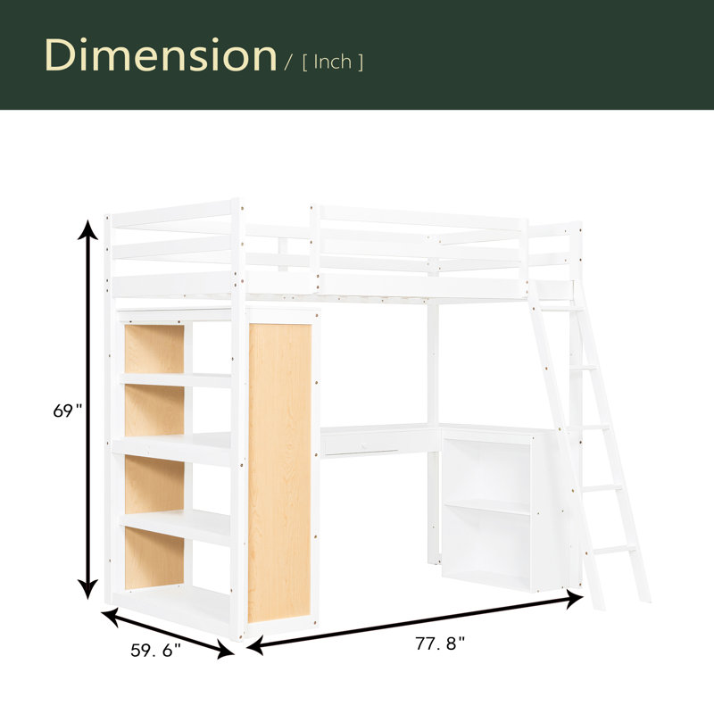 Lit mezzanine simple avec échelle, tablettes et bureau