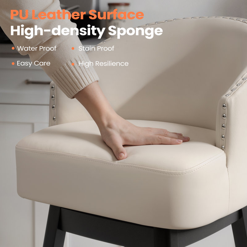 30" Swivel Faux Leather Upholstered Bar Stool with Solid Wood Legs, Beige, Bar Stool (30" Seat Height)